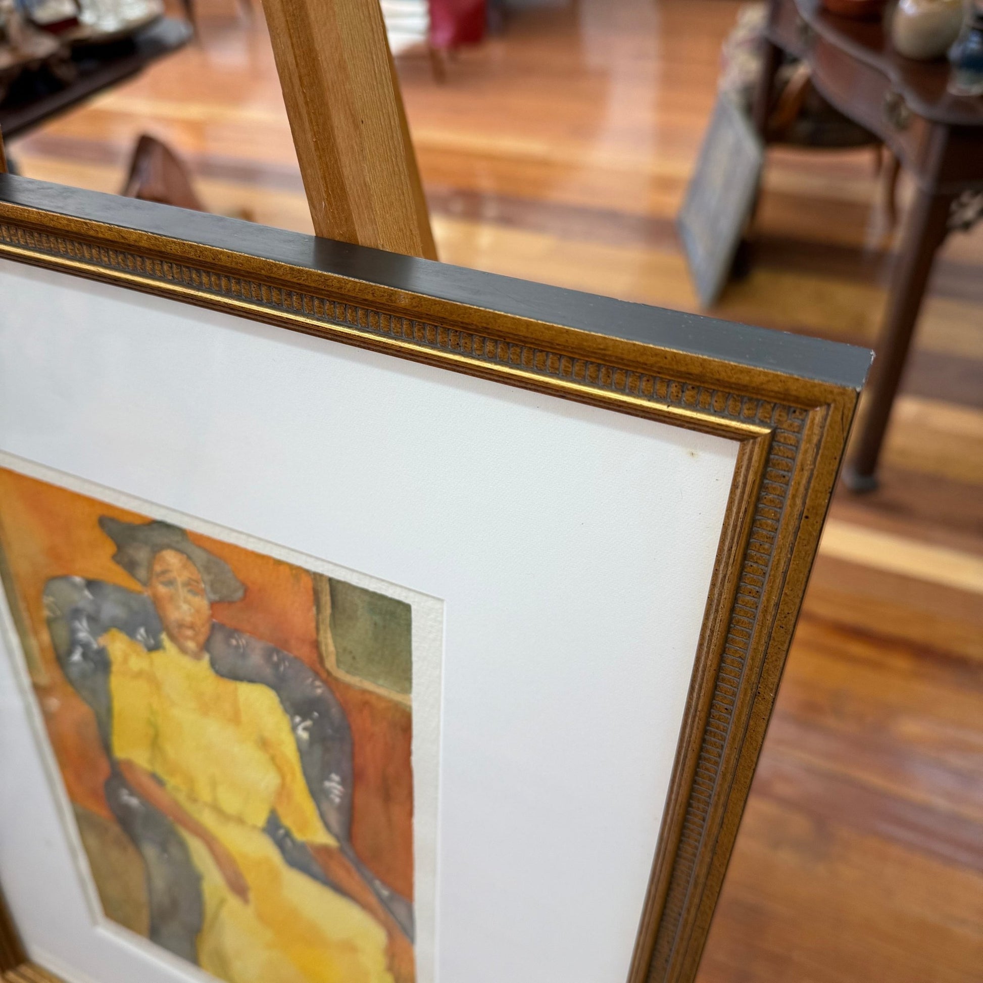 Original Watercolor “Woman in a Yellow Dress” by Leigh Gustafson, Framed - Loom Vintage