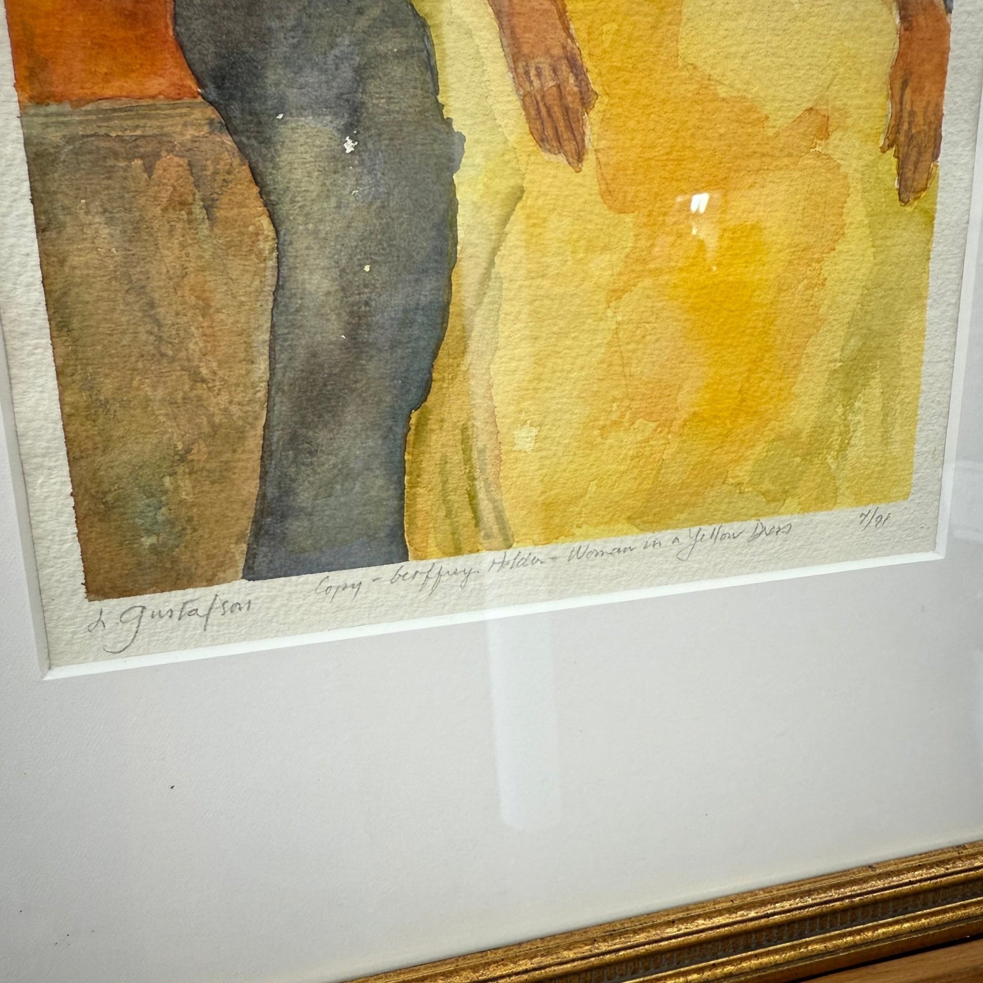 Original Watercolor “Woman in a Yellow Dress” by Leigh Gustafson, Framed - Loom Vintage