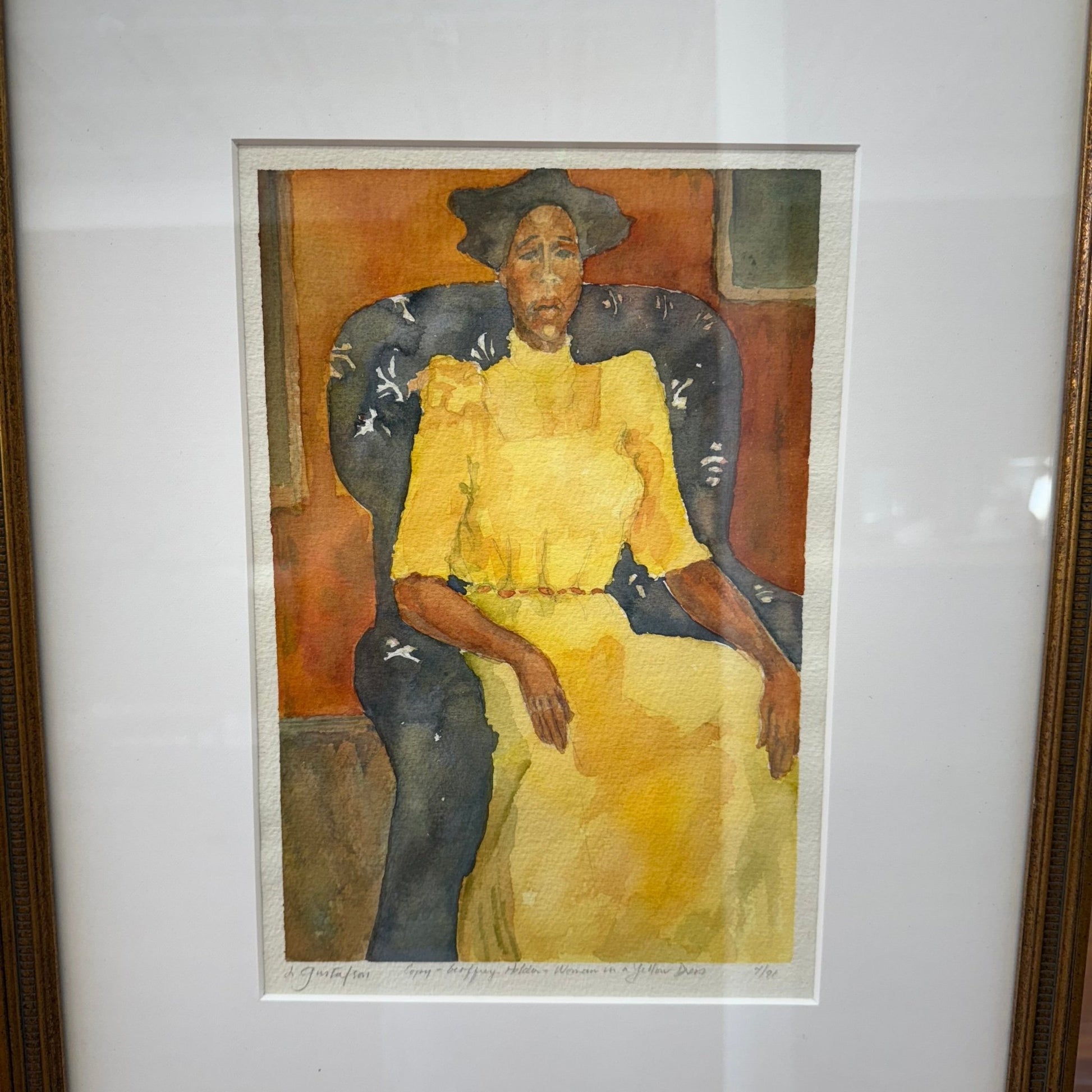 Original Watercolor “Woman in a Yellow Dress” by Leigh Gustafson, Framed - Loom Vintage