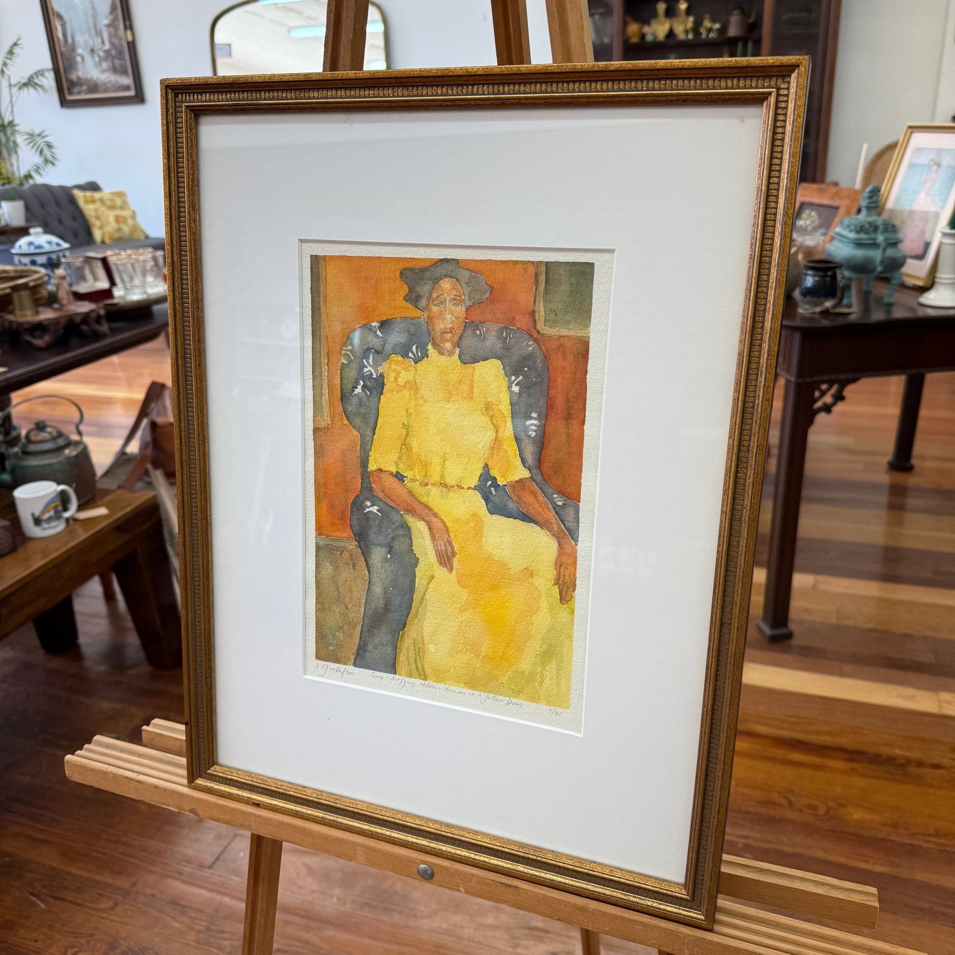 Original Watercolor “Woman in a Yellow Dress” by Leigh Gustafson, Framed - Loom Vintage