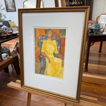 Original Watercolor “Woman in a Yellow Dress” by Leigh Gustafson, Framed - Loom Vintage