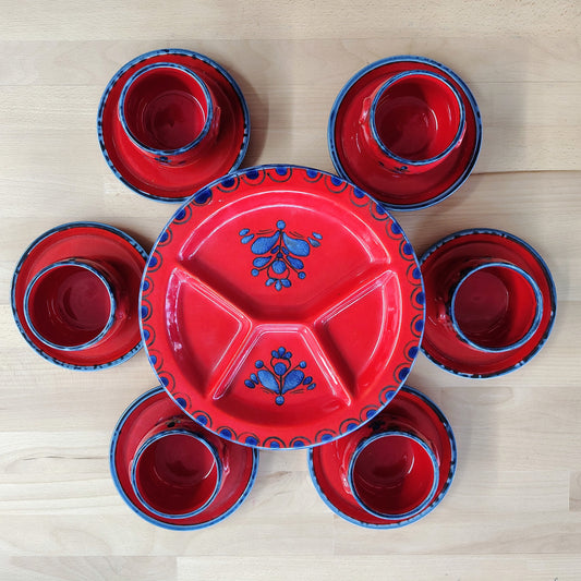 Schramberg SMF Germany Fondue Set — Red Glaze & Folk Motif, Service for 6