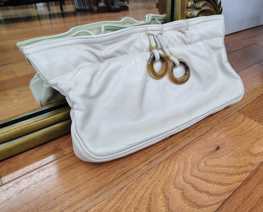 Vintage White Leather Pleated Clutch with Tortoise-Look Ring Handles