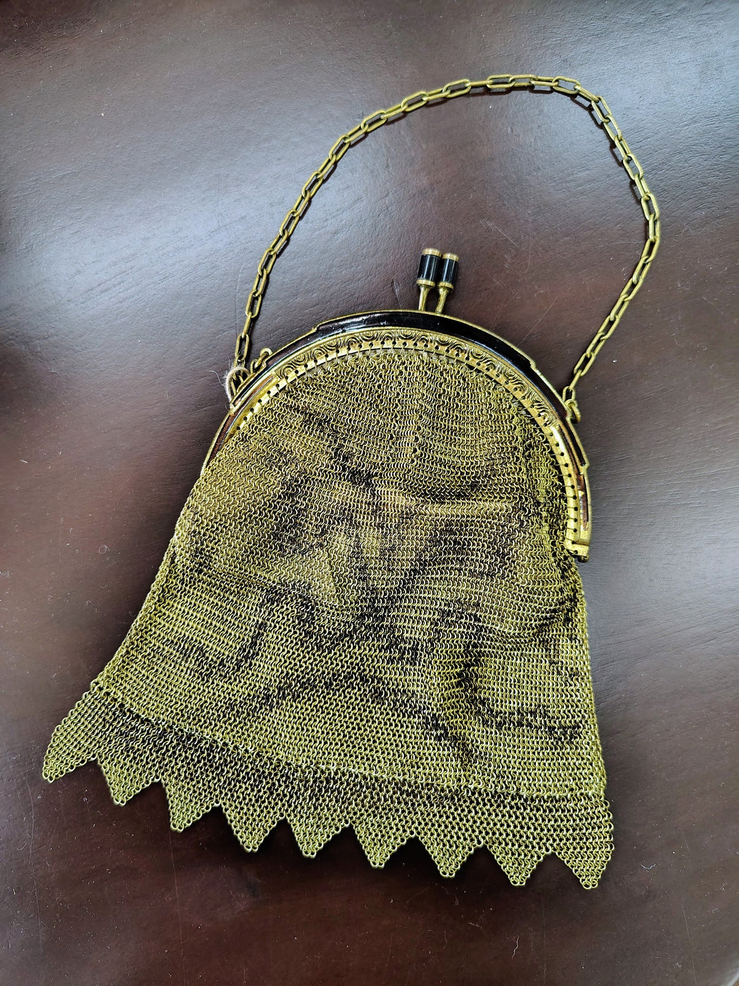 Vintage Germany Gold Link Mesh Purse, Dresden Handbag with Kissing Clasp