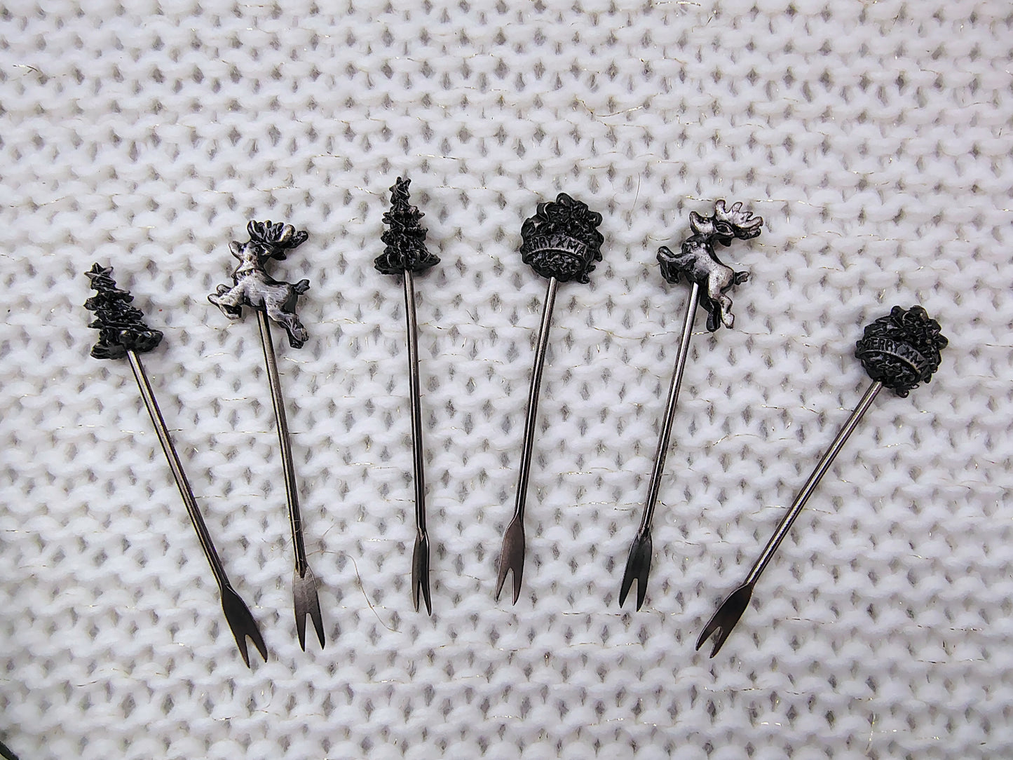 Vintage Holiday Cocktail Picks – Set of 6 Pewter Christmas Appetizer Forks