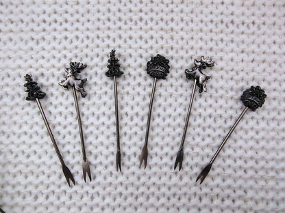 Vintage Holiday Cocktail Picks – Set of 6 Pewter Christmas Appetizer Forks