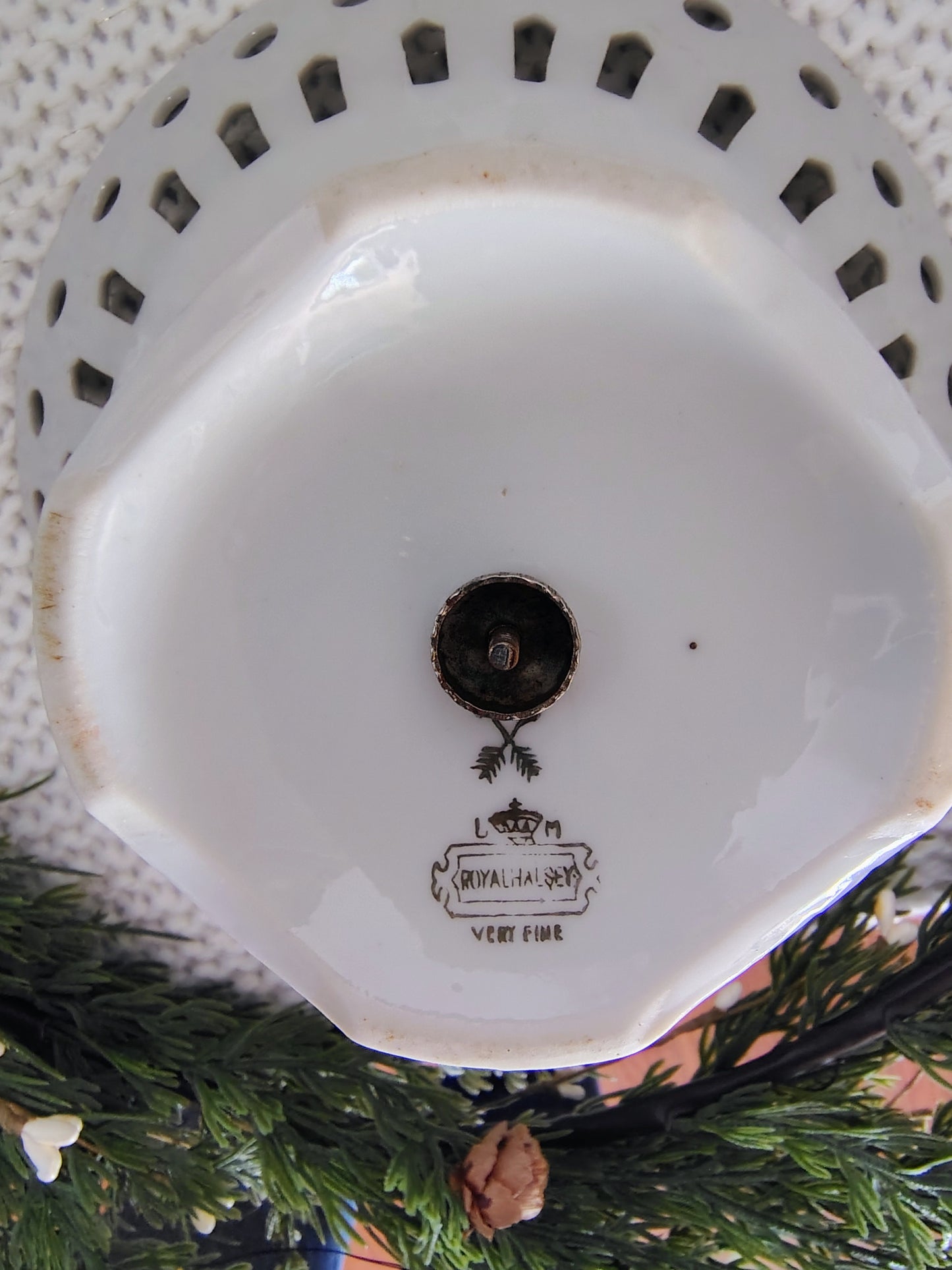 Royal Halsey Fine China Pedestal Bowl – Reticulated Edge, Gold Pinecone Design