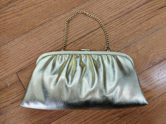 Vintage Gold Metallic Evening Clutch with Chain Handle