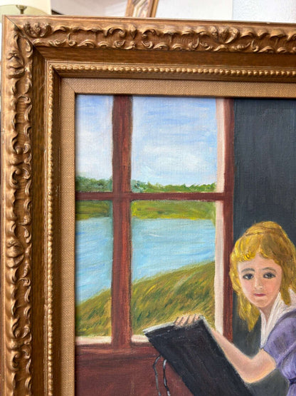 P. Rodwin Oil on Canvas — "Young Woman Drawing" After Villers, Framed 24" × 20" - Loom Vintage