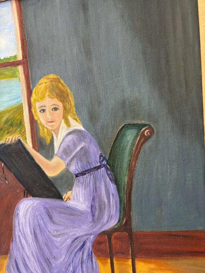 P. Rodwin Oil on Canvas — "Young Woman Drawing" After Villers, Framed 24" × 20" - Loom Vintage