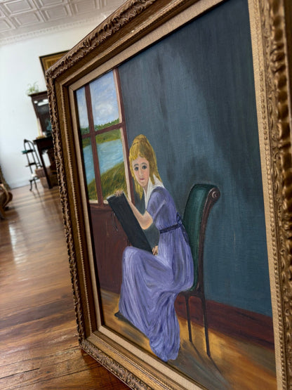 P. Rodwin Oil on Canvas — "Young Woman Drawing" After Villers, Framed 24" × 20" - Loom Vintage