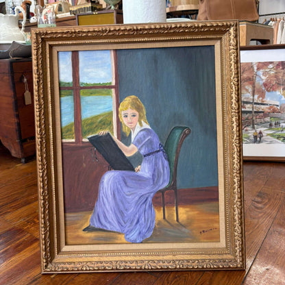 P. Rodwin Oil on Canvas — "Young Woman Drawing" After Villers, Framed 24" × 20" - Loom Vintage