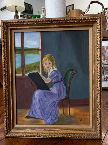 P. Rodwin Oil on Canvas — "Young Woman Drawing" After Villers, Framed 24" × 20" - Loom Vintage