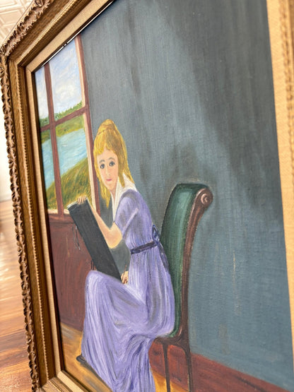 P. Rodwin Oil on Canvas — "Young Woman Drawing" After Villers, Framed 24" × 20" - Loom Vintage