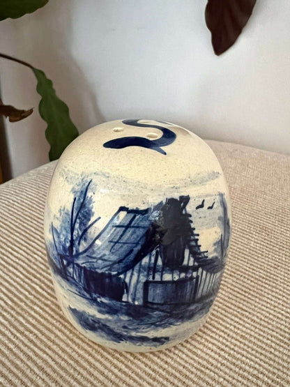 P. Storie Pottery salt shaker hand painted with a cobalt blue barn scene, photo 2 of 9