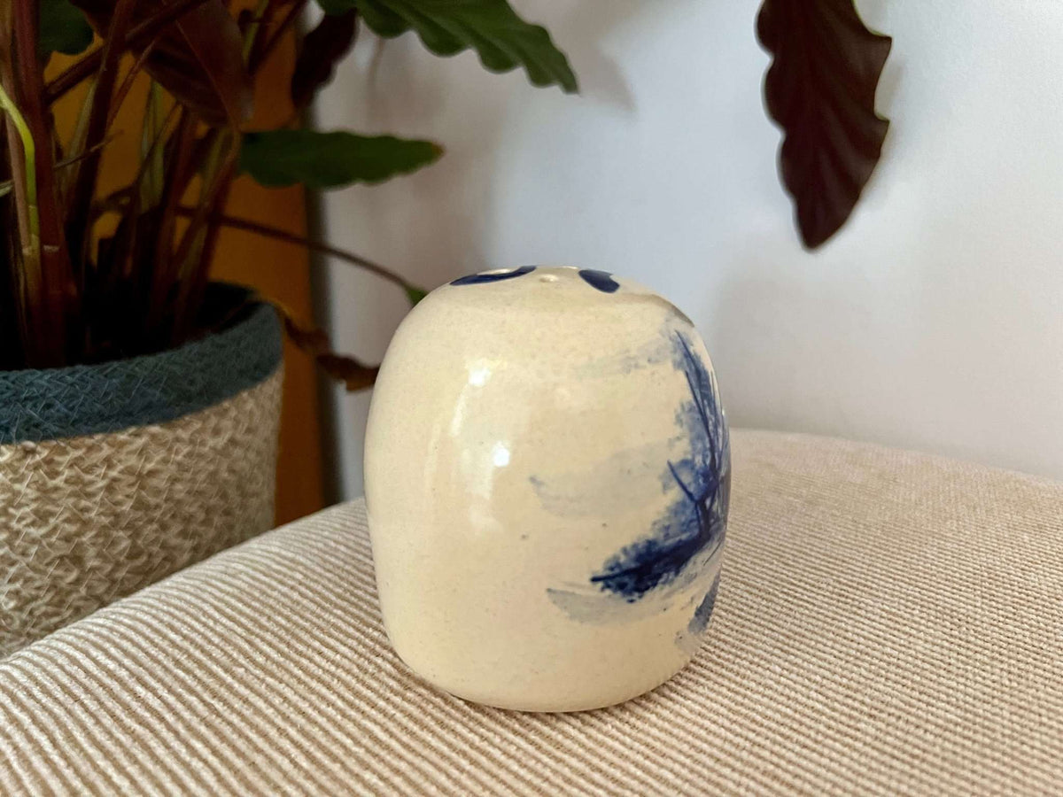 P. Storie Pottery salt shaker hand painted with a cobalt blue barn scene, photo 7 of 9