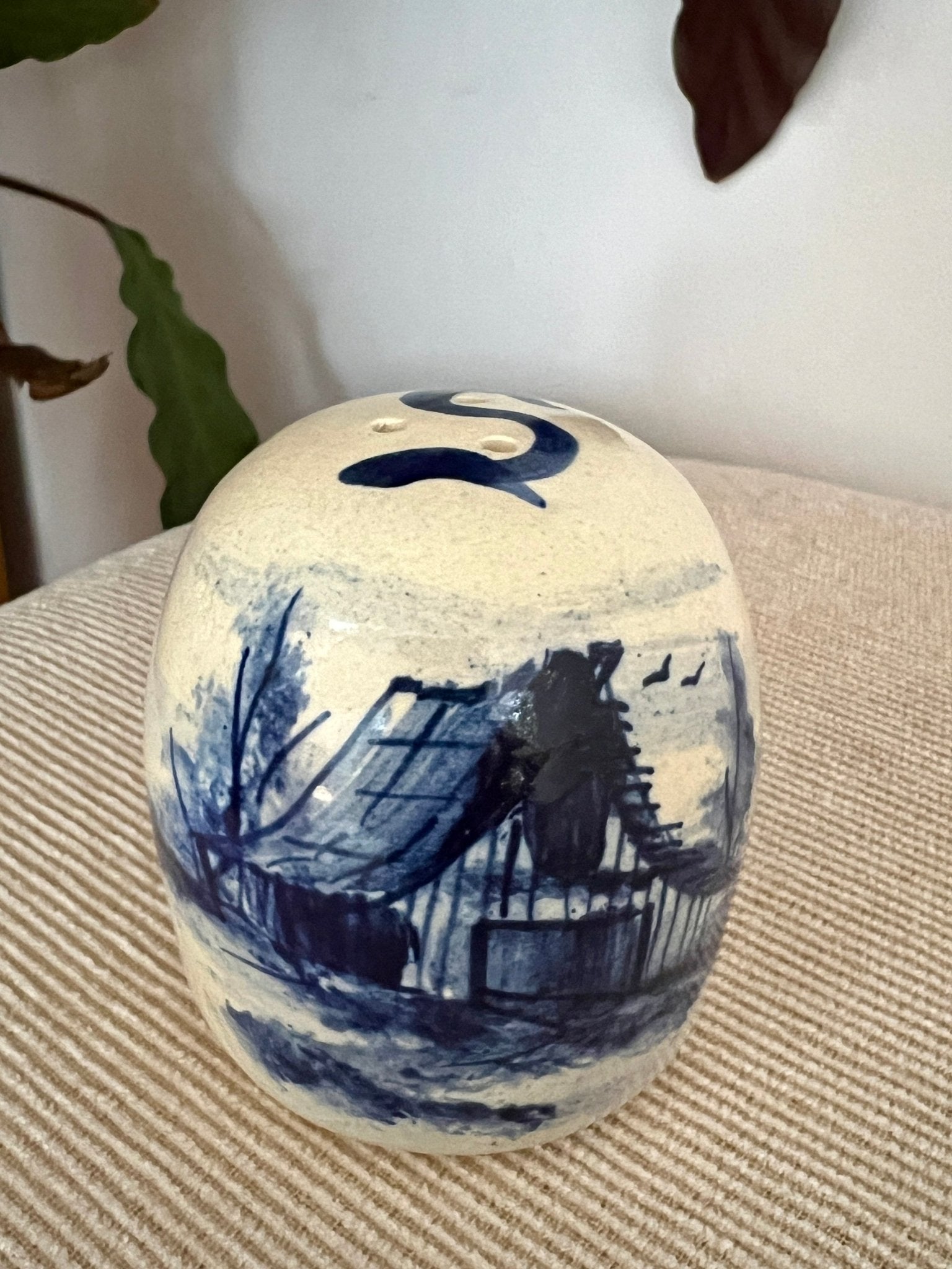 P. Storie Pottery Salt Shaker — Hand-Painted Barn Scene - Loom Vintage