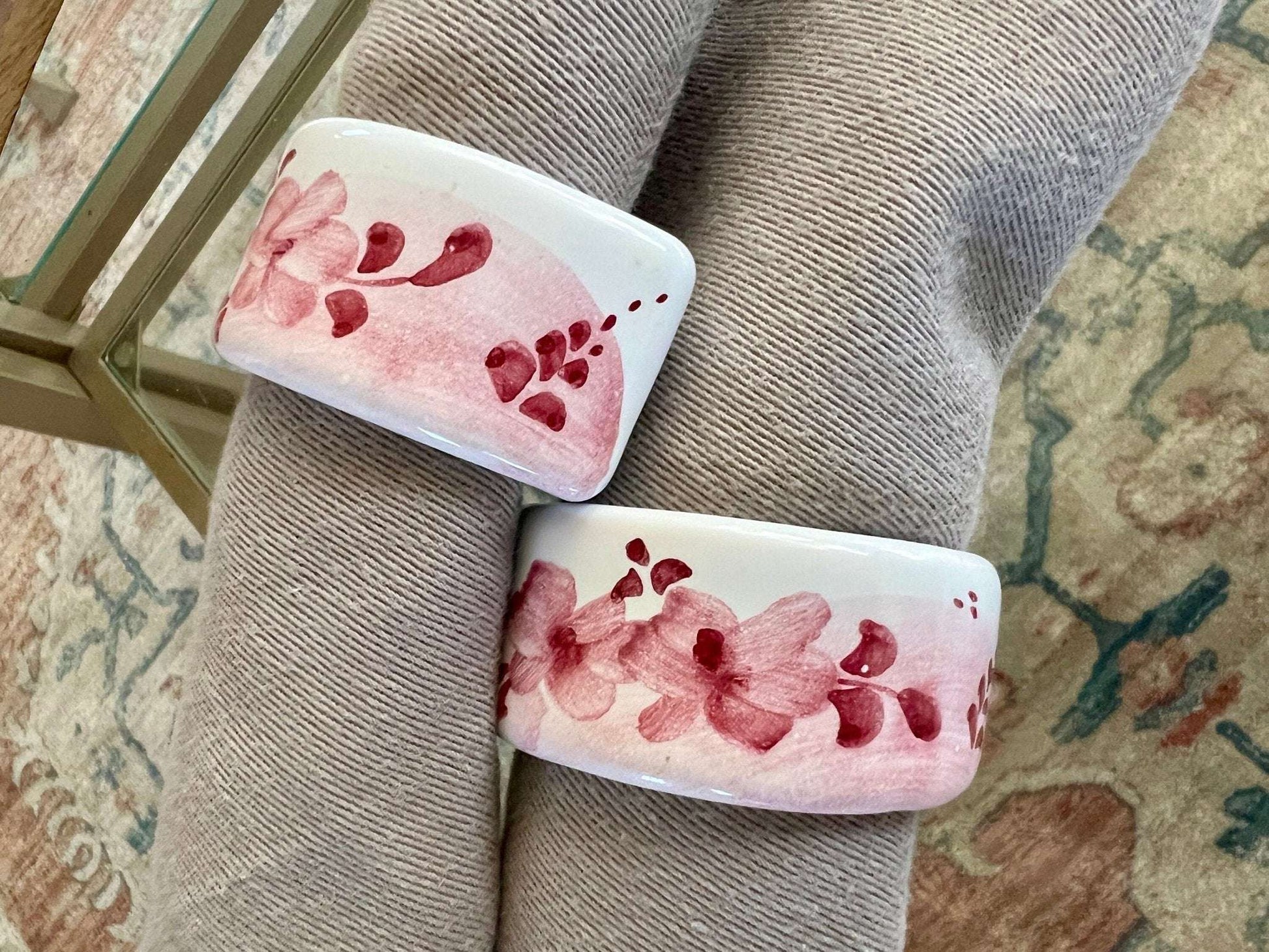 Pair of Ceramiche D'arte Gandria Napkin Rings, Pink Floral Napkin Holders, Hand Painted Ceramic Napkin Rings - Loom Vintage
