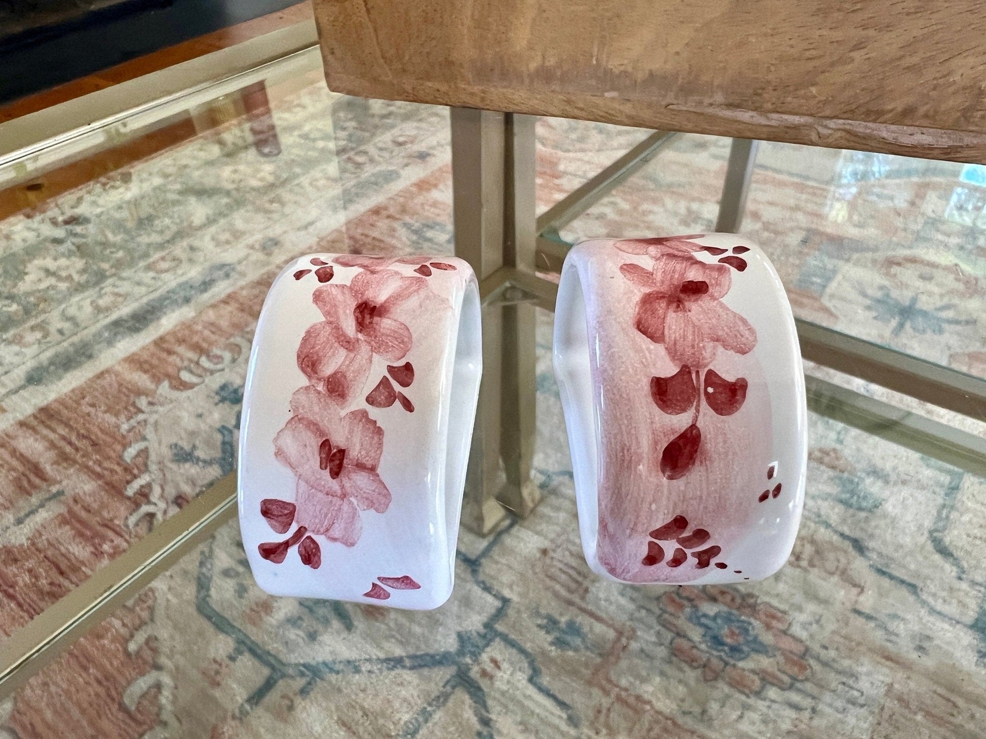 Pair of Ceramiche D'arte Gandria Napkin Rings, Pink Floral Napkin Holders, Hand Painted Ceramic Napkin Rings - Loom Vintage