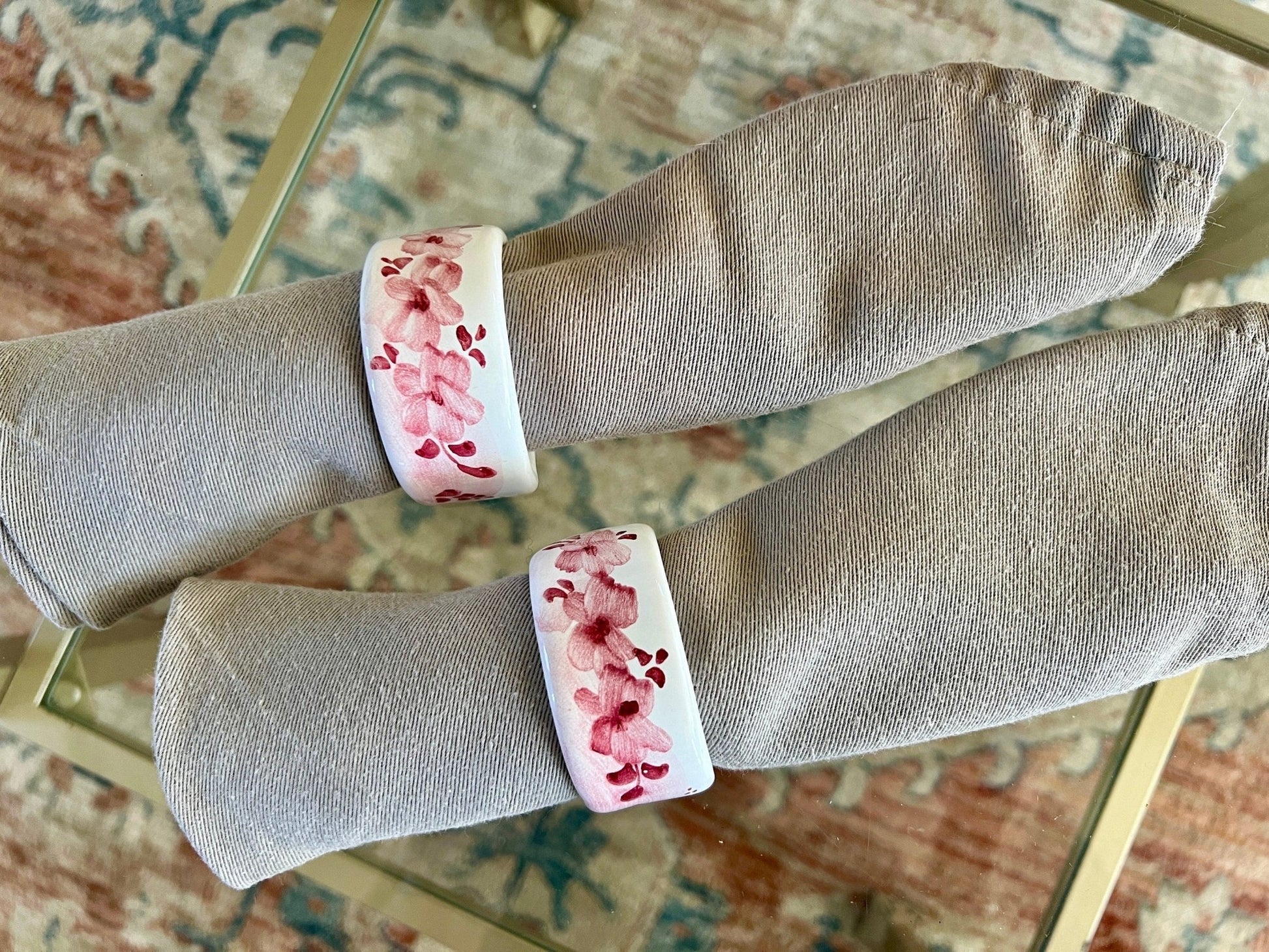 Pair of Ceramiche D'arte Gandria Napkin Rings, Pink Floral Napkin Holders, Hand Painted Ceramic Napkin Rings - Loom Vintage