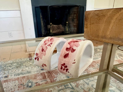 Pair of Ceramiche D'arte Gandria Napkin Rings, Pink Floral Napkin Holders, Hand Painted Ceramic Napkin Rings - Loom Vintage