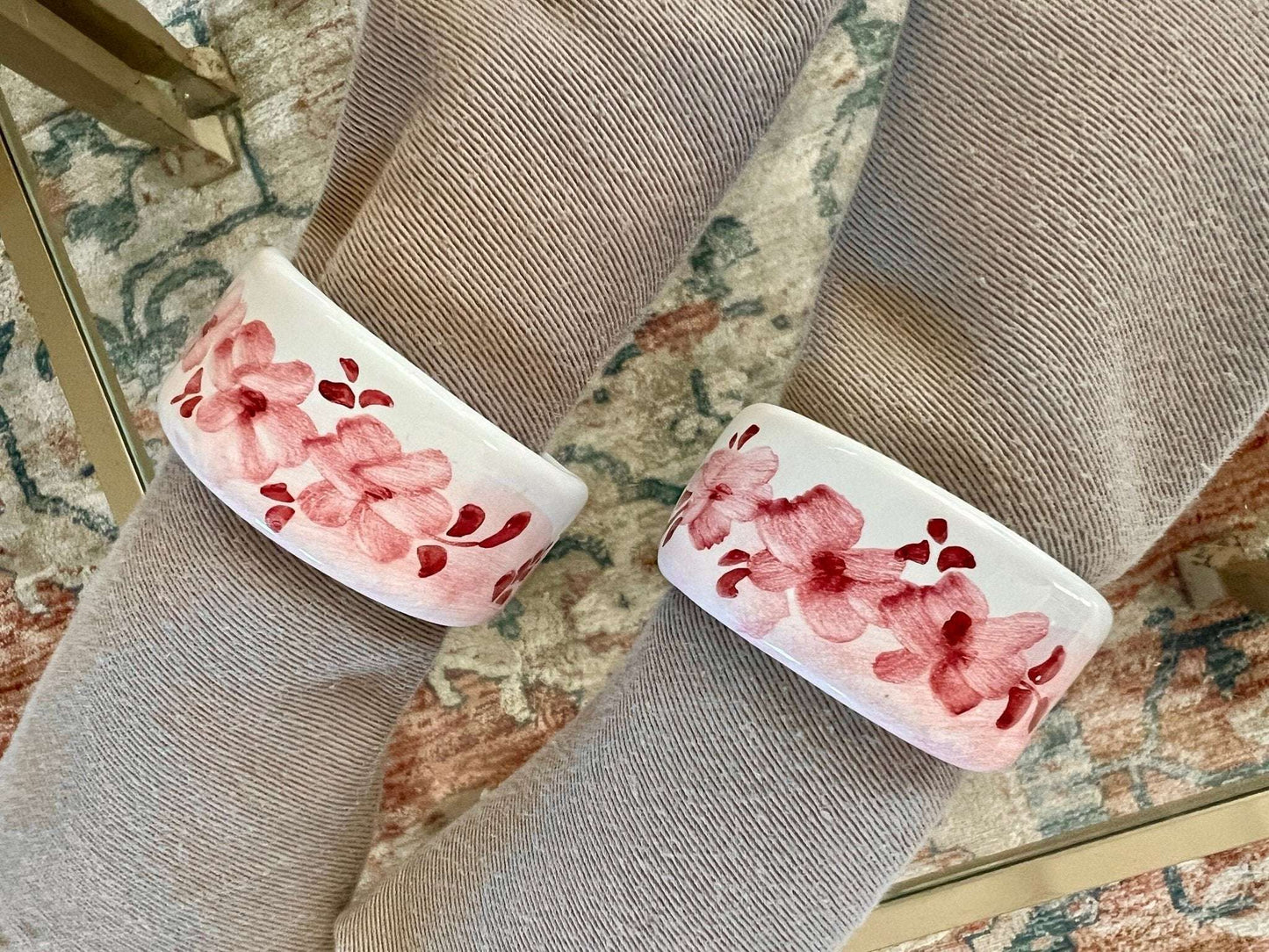 Pair of Ceramiche D'arte Gandria Napkin Rings, Pink Floral Napkin Holders, Hand Painted Ceramic Napkin Rings - Loom Vintage