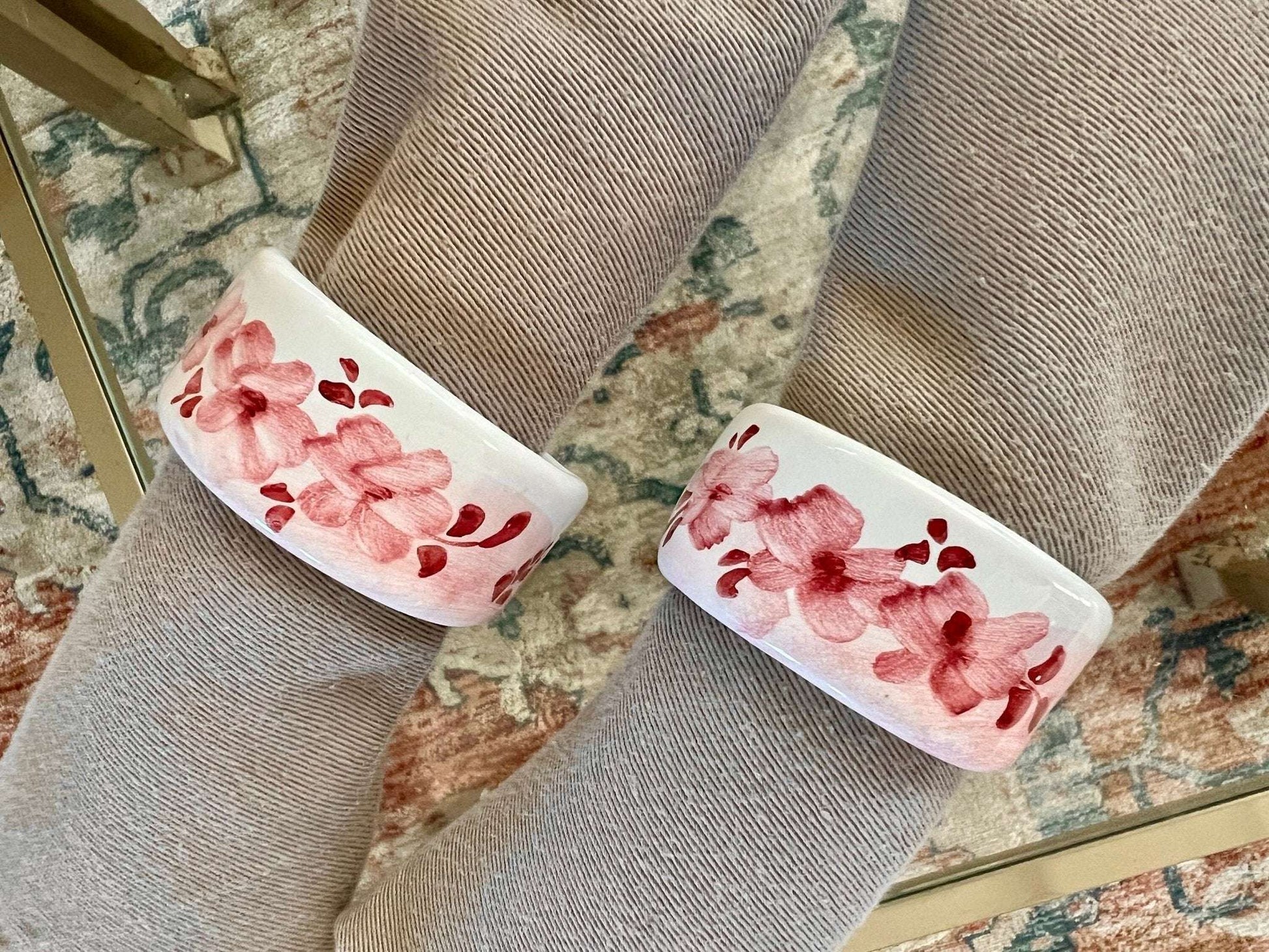 Pair of Ceramiche D'arte Gandria Napkin Rings, Pink Floral Napkin Holders, Hand Painted Ceramic Napkin Rings - Loom Vintage