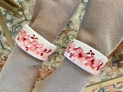 Pair of Ceramiche D'arte Gandria Napkin Rings, Pink Floral Napkin Holders, Hand Painted Ceramic Napkin Rings - Loom Vintage