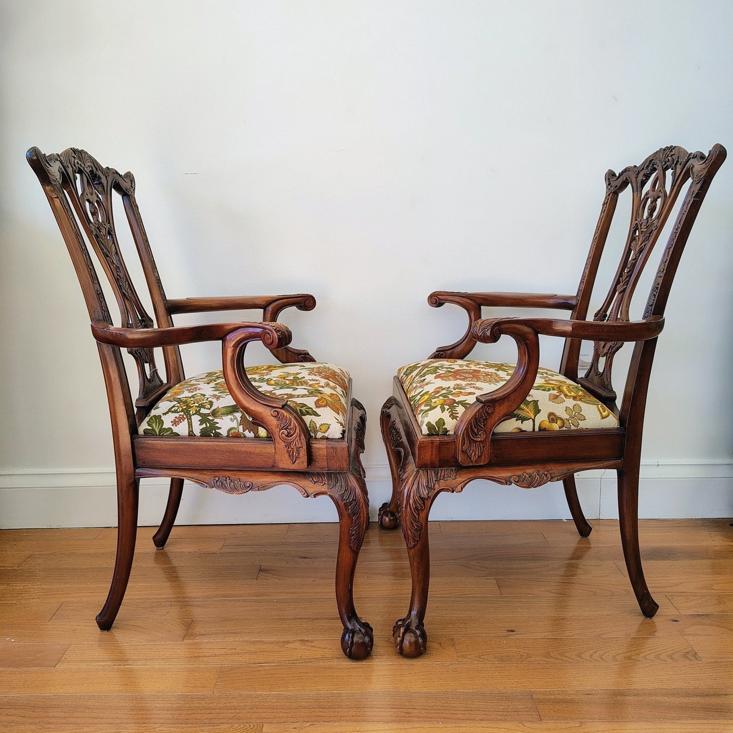 Pair of Colonial Revival Carved Wood Armchairs with 1960s Vintage Linen - Loom Vintage