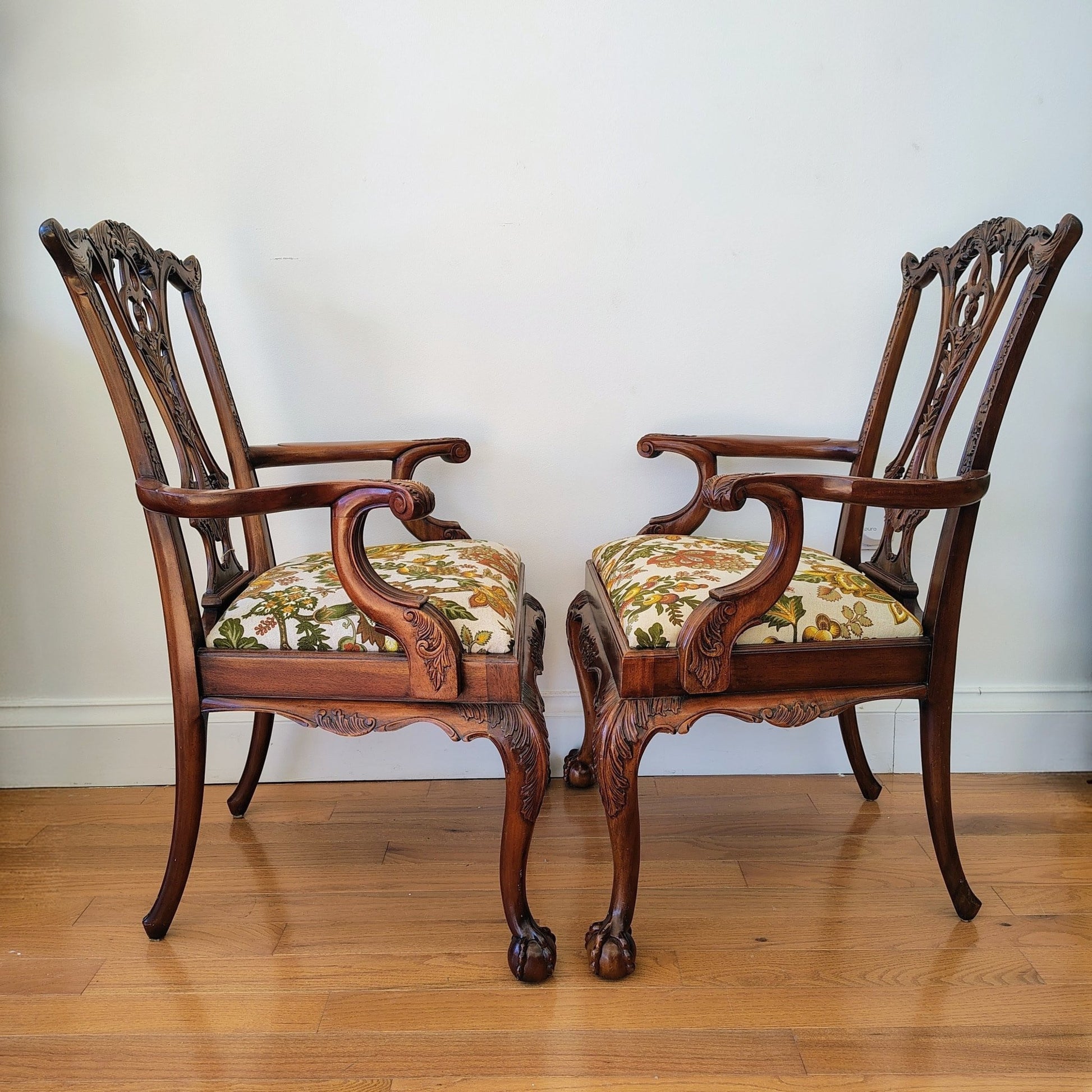 Pair of Colonial Revival Carved Wood Armchairs with 1960s Vintage Linen - Loom Vintage