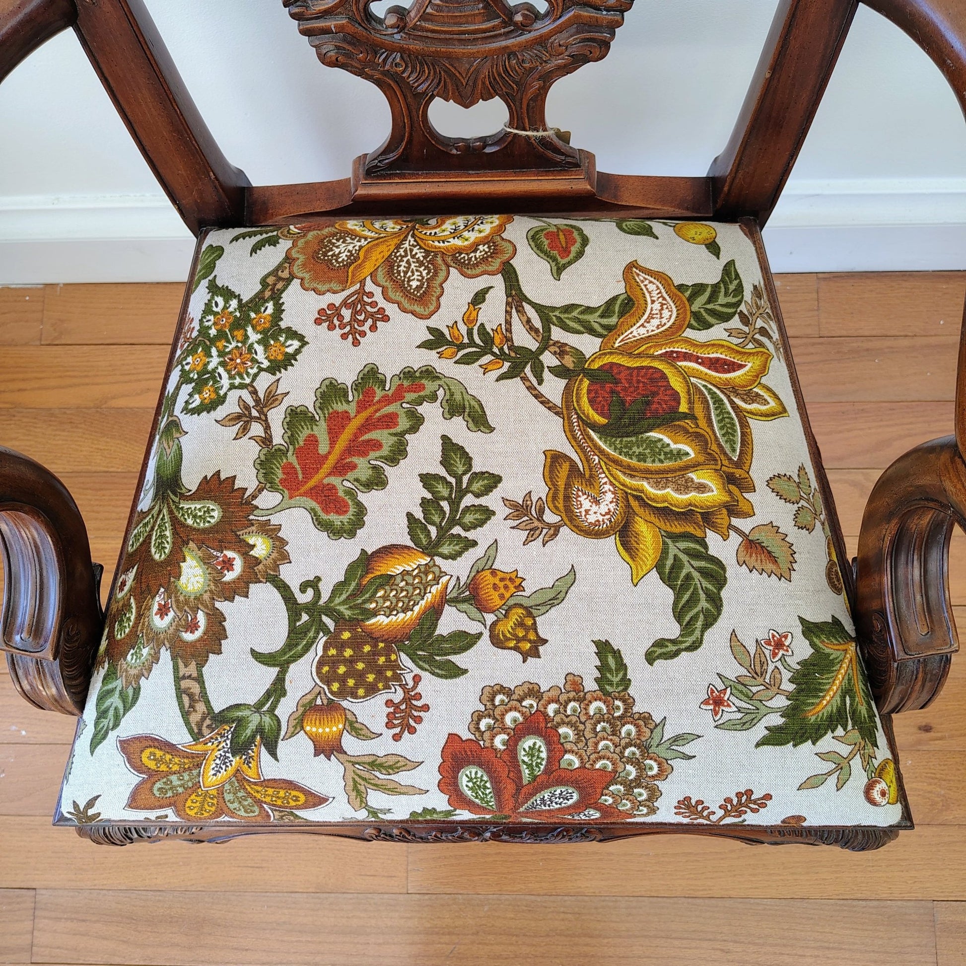 Pair of Colonial Revival Carved Wood Armchairs with 1960s Vintage Linen - Loom Vintage
