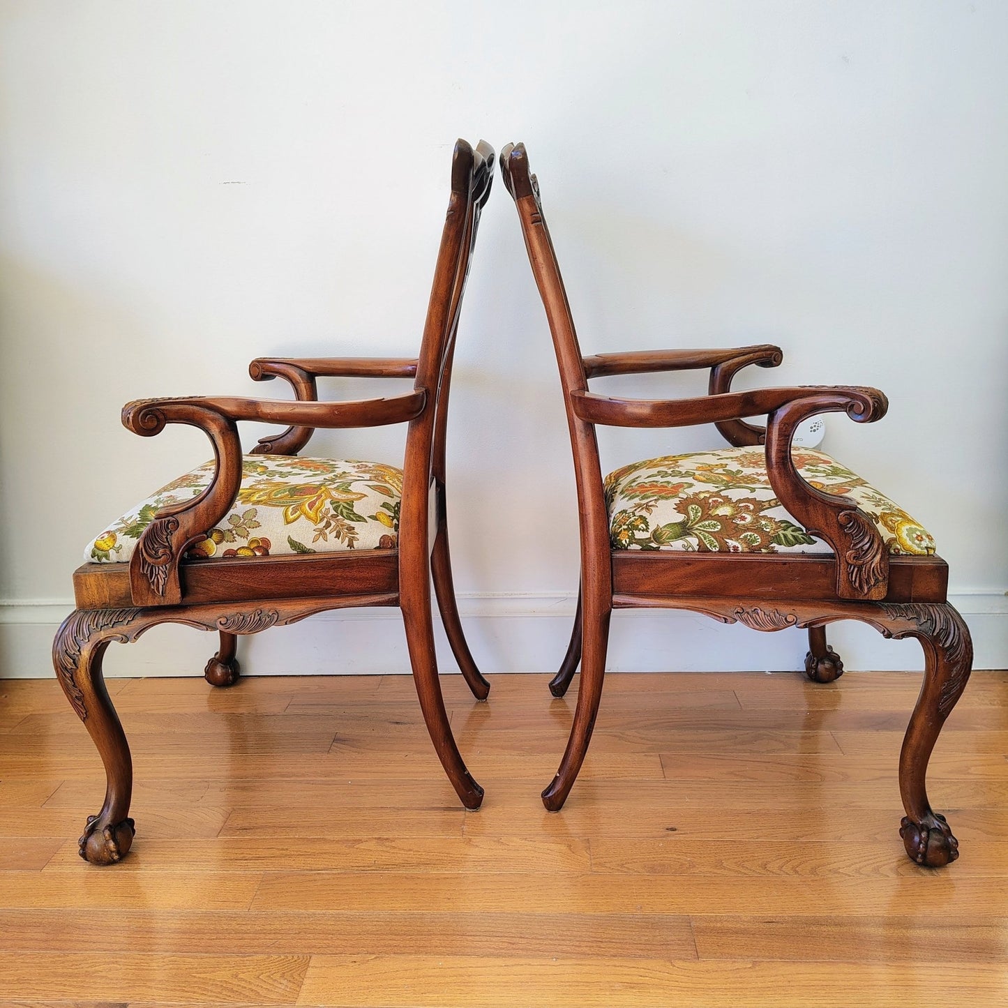 Pair of Colonial Revival Carved Wood Armchairs with 1960s Vintage Linen - Loom Vintage