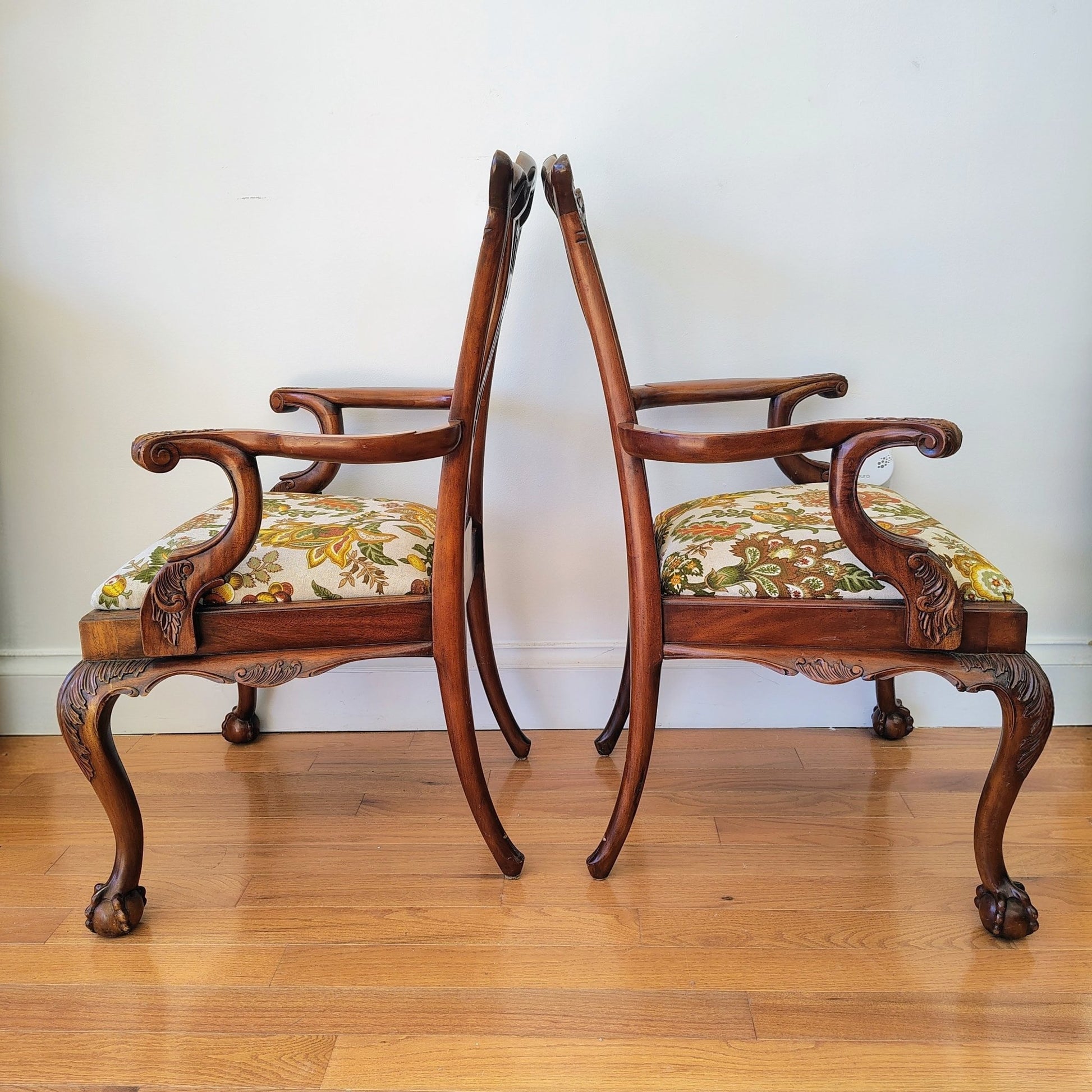Pair of Colonial Revival Carved Wood Armchairs with 1960s Vintage Linen - Loom Vintage
