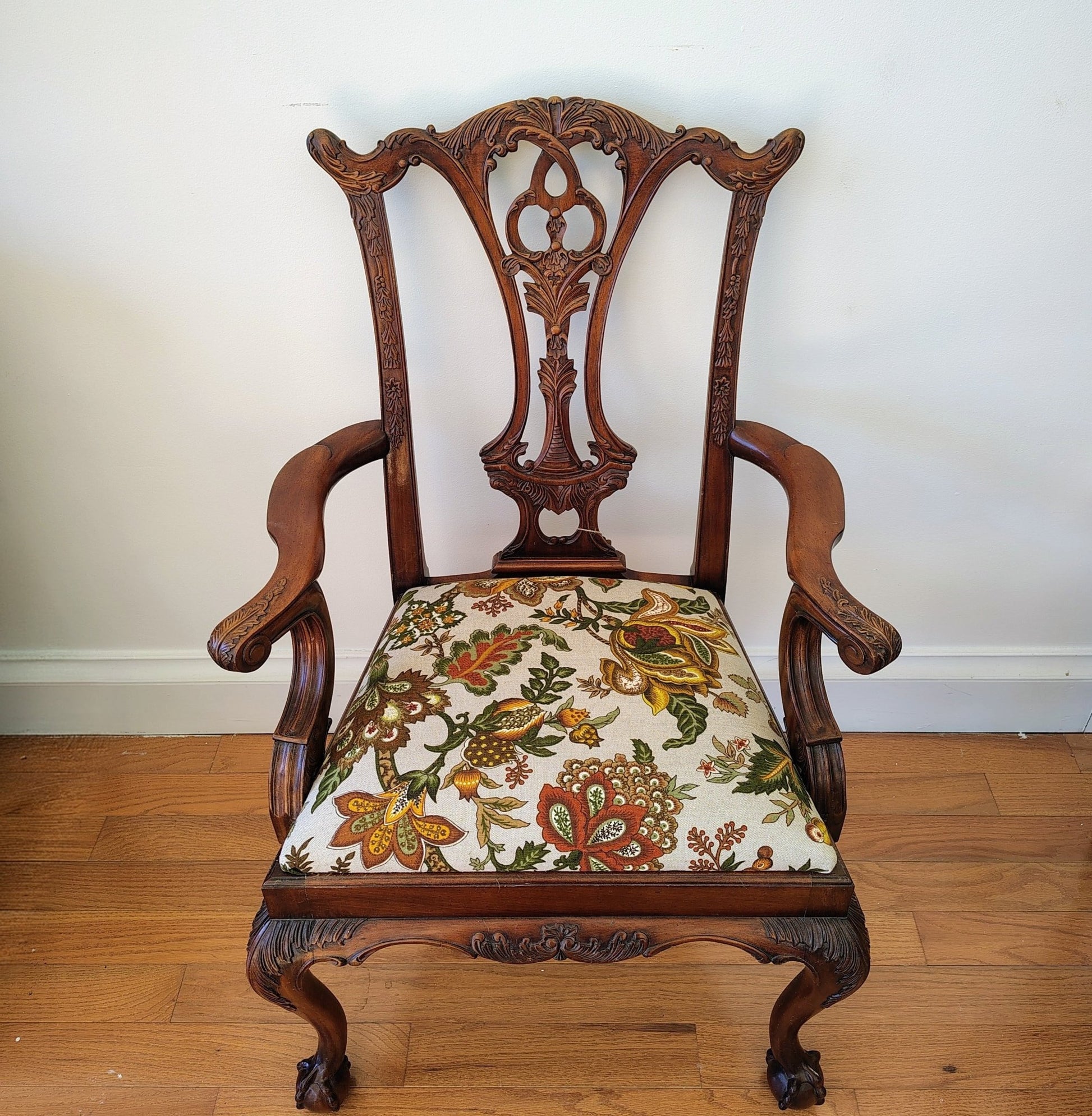 Pair of Colonial Revival Carved Wood Armchairs with 1960s Vintage Linen - Loom Vintage
