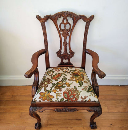 Pair of Colonial Revival Carved Wood Armchairs with 1960s Vintage Linen - Loom Vintage