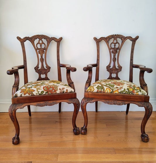 Pair of Colonial Revival Carved Wood Armchairs with 1960s Vintage Linen - Loom Vintage