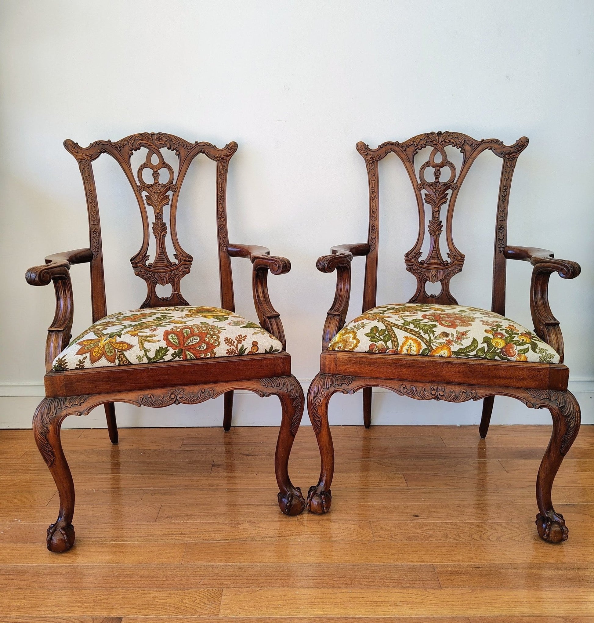 Pair of Colonial Revival Carved Wood Armchairs with 1960s Vintage Linen - Loom Vintage