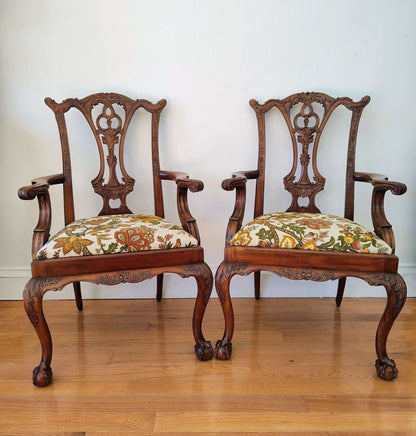 Pair of Colonial Revival Carved Wood Armchairs with 1960s Vintage Linen - Loom Vintage