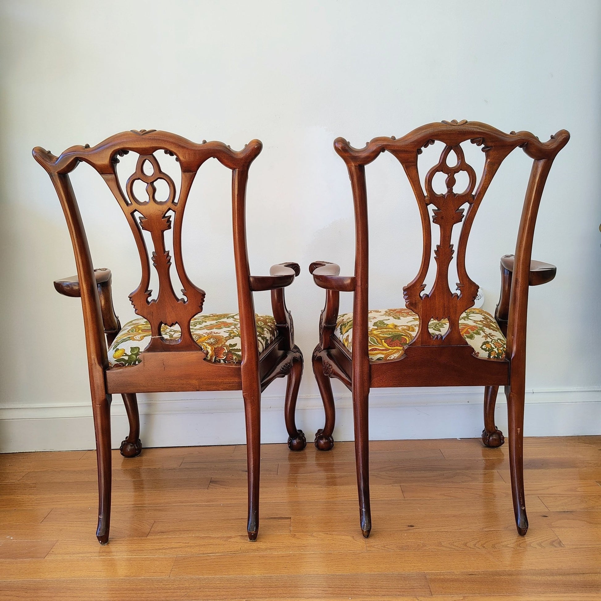Pair of Colonial Revival Carved Wood Armchairs with 1960s Vintage Linen - Loom Vintage