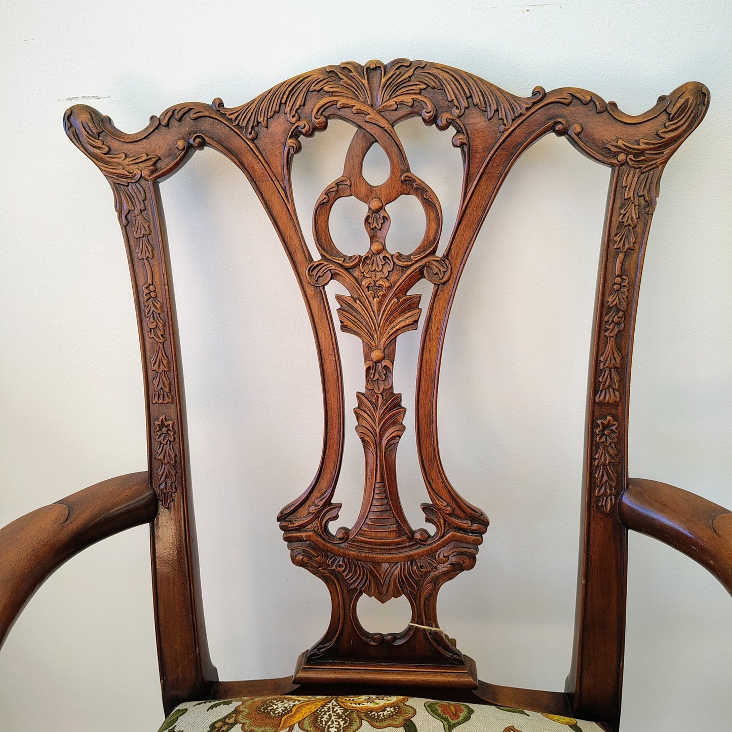 Pair of Colonial Revival Carved Wood Armchairs with 1960s Vintage Linen - Loom Vintage