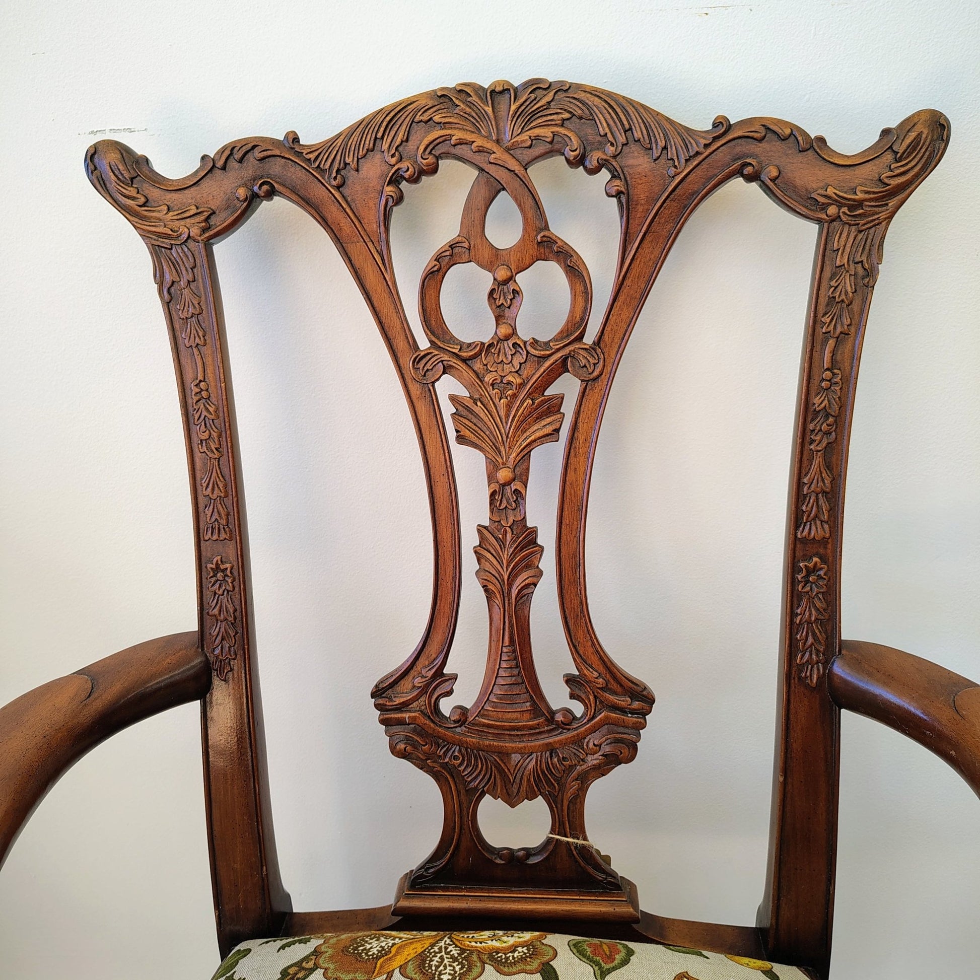 Pair of Colonial Revival Carved Wood Armchairs with 1960s Vintage Linen - Loom Vintage