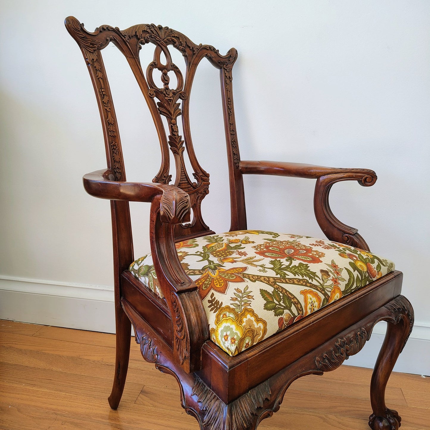 Pair of Colonial Revival Carved Wood Armchairs with 1960s Vintage Linen - Loom Vintage