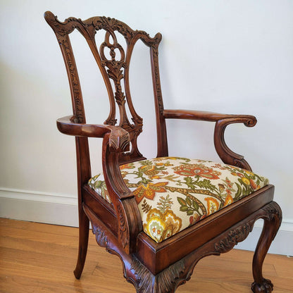 Pair of Colonial Revival Carved Wood Armchairs with 1960s Vintage Linen - Loom Vintage