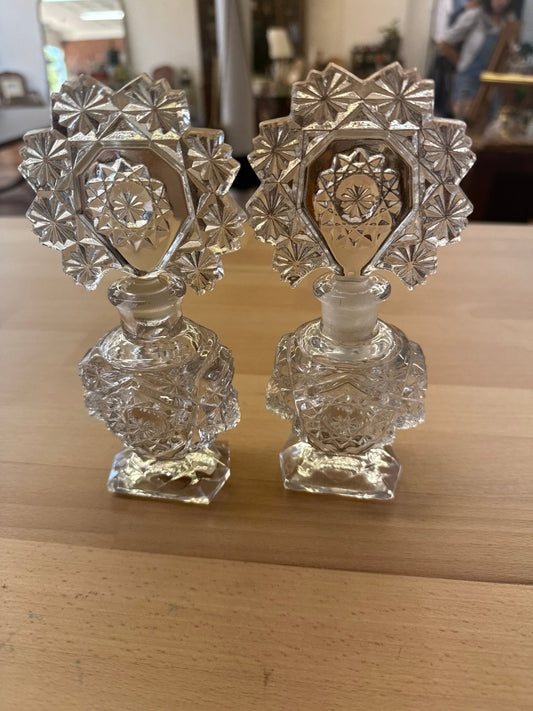 Pair of Cut Glass Art Deco Perfume Bottles with Starburst Stoppers (1930s) - Loom Vintage