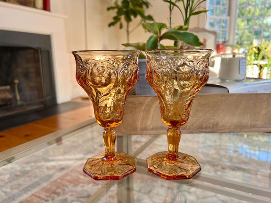 Pair of Large Peach Orange Pressed Glass Wine/Water Glasses, French Country Floral Design Goblets - Loom Vintage