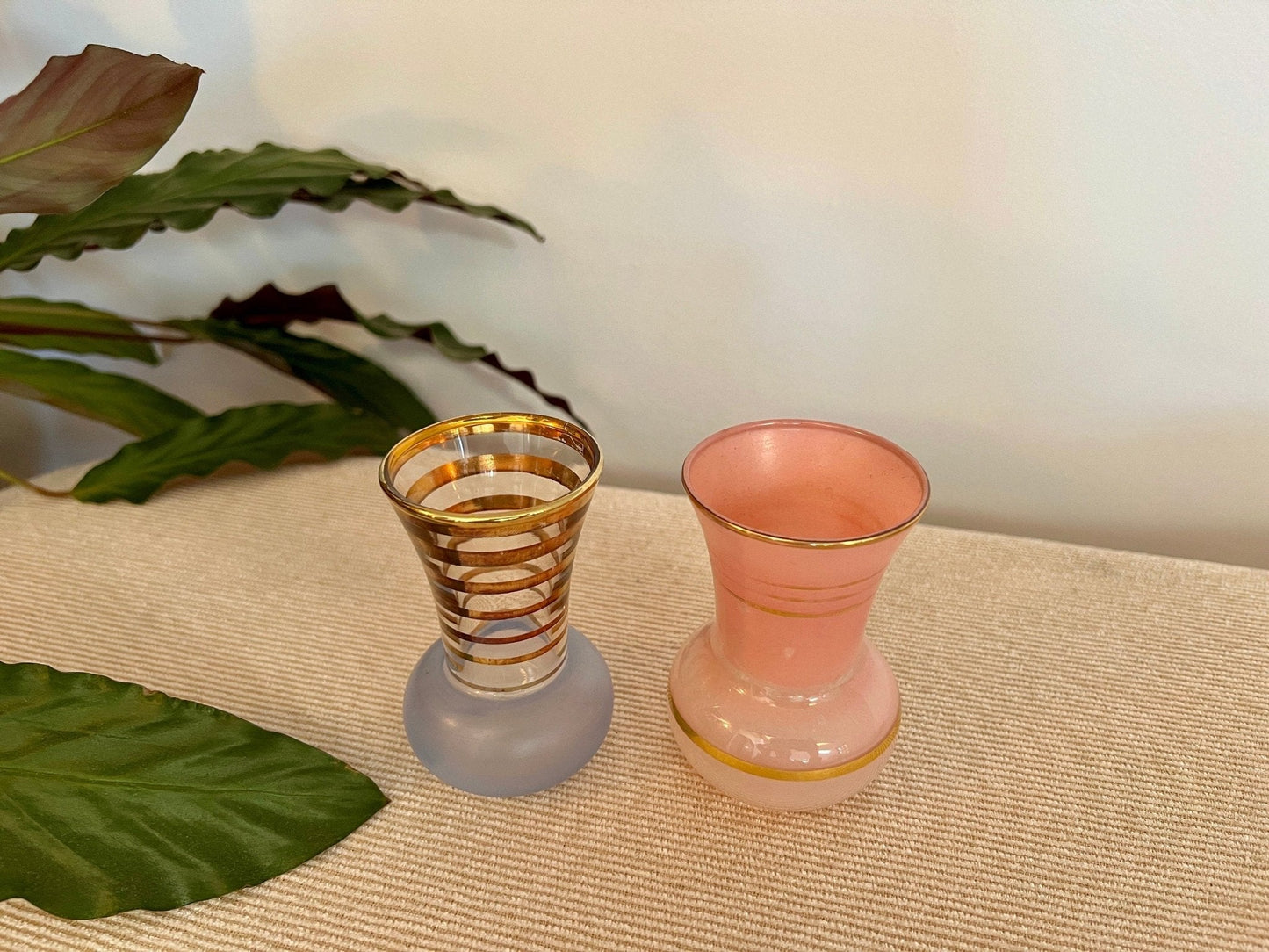 Pair of Mid - Century Striped Glass Vases Pink Blue Gold - Loom Vintage