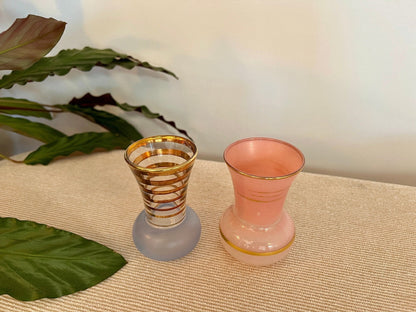 Pair of Mid - Century Striped Glass Vases Pink Blue Gold - Loom Vintage