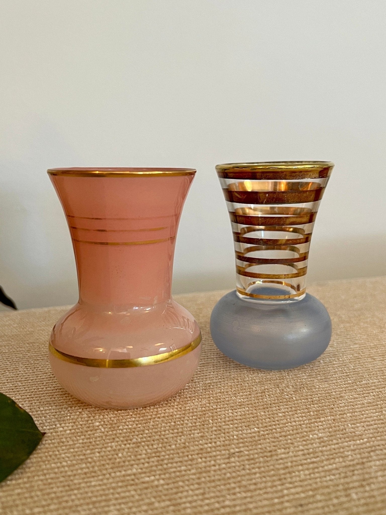 Pair of Mid - Century Striped Glass Vases Pink Blue Gold - Loom Vintage