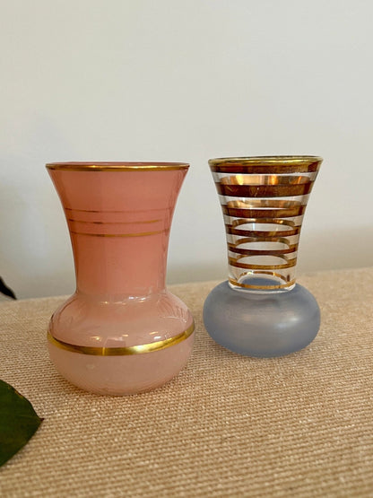 Pair of Mid - Century Striped Glass Vases Pink Blue Gold - Loom Vintage