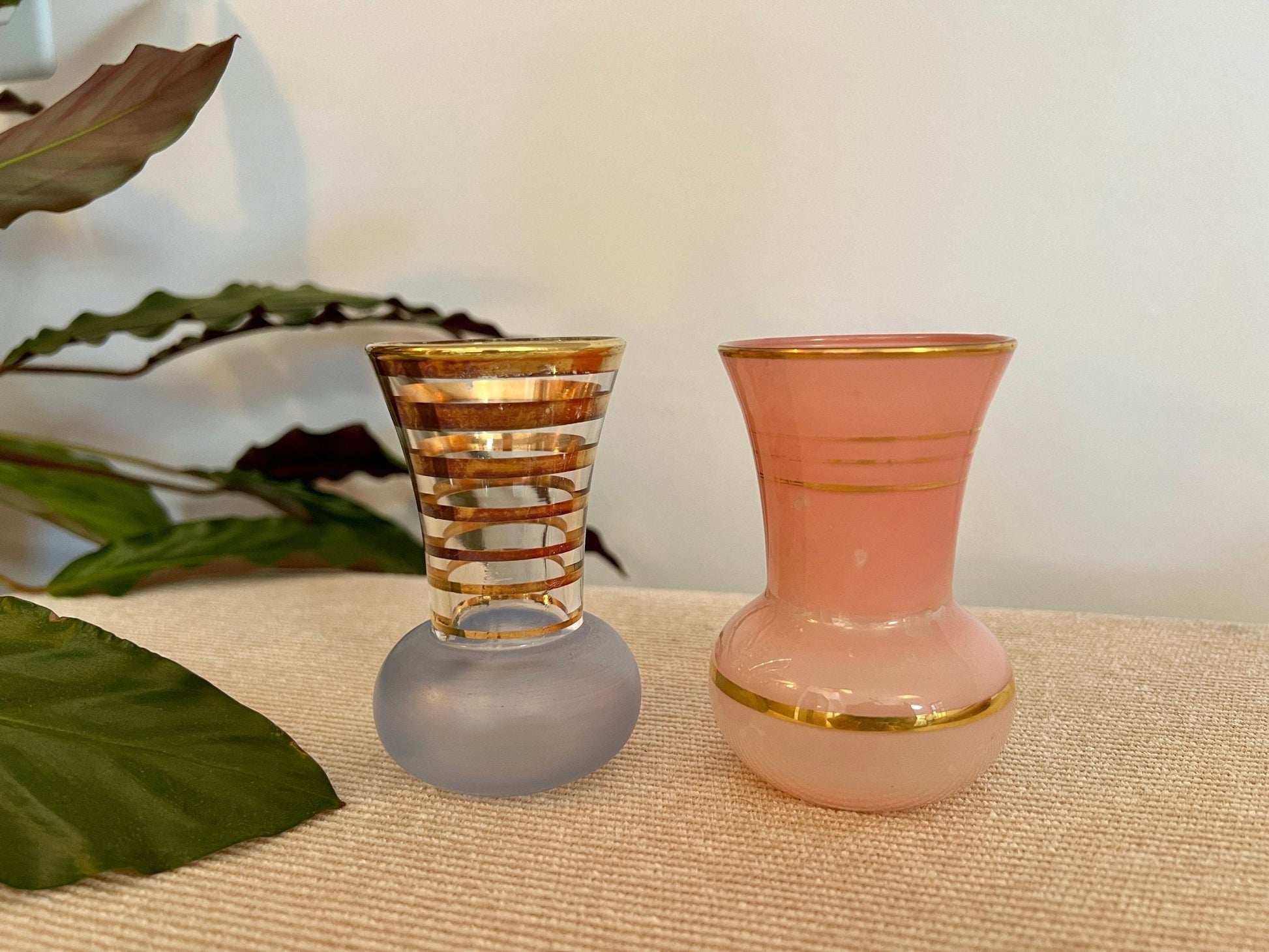 Pair of Mid - Century Striped Glass Vases Pink Blue Gold - Loom Vintage